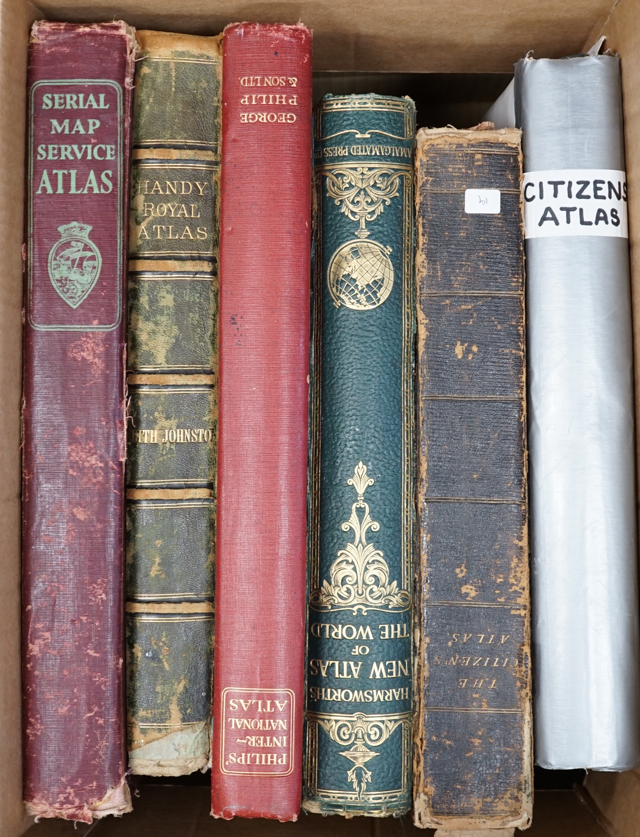 Atlases - includes The Universal (1893), The Times (1895), Harmsworth's World (ca.1930); together with 7 others of the period, mostly with coloured maps, folio; sold with a folio architectural book